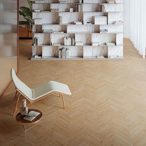 Porcelanato Mimesis Miele Chevron 11x54 cm